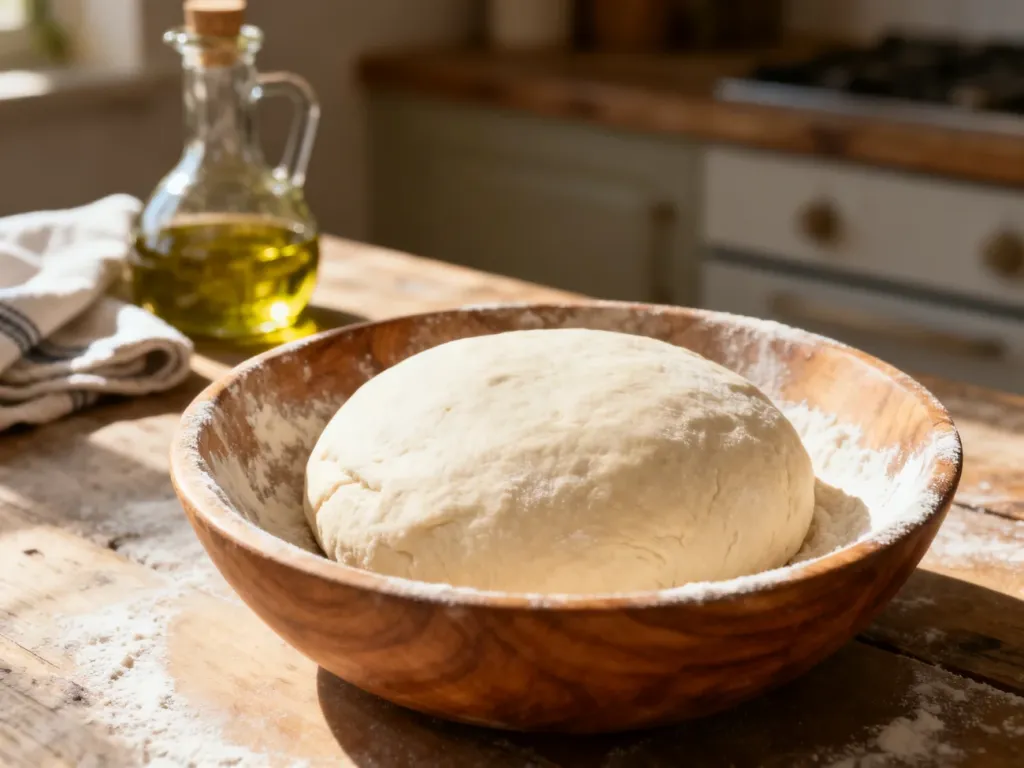 Gładka kula surowego ciasta na pizzę w drewnianej misce, przygotowana do wyrastania w domowej kuchni.