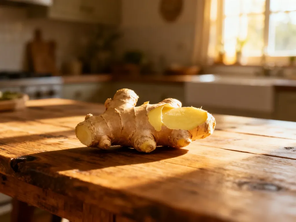 Świeży, obrany korzeń imbiru na drewnianym stole w słonecznej kuchni, podkreślający naturalną jakość produktu.