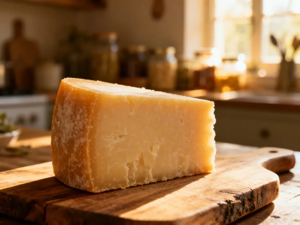 Kawałek parmezanu na drewnianej desce do krojenia w słonecznej kuchni, podkreślający świeżość produktu.